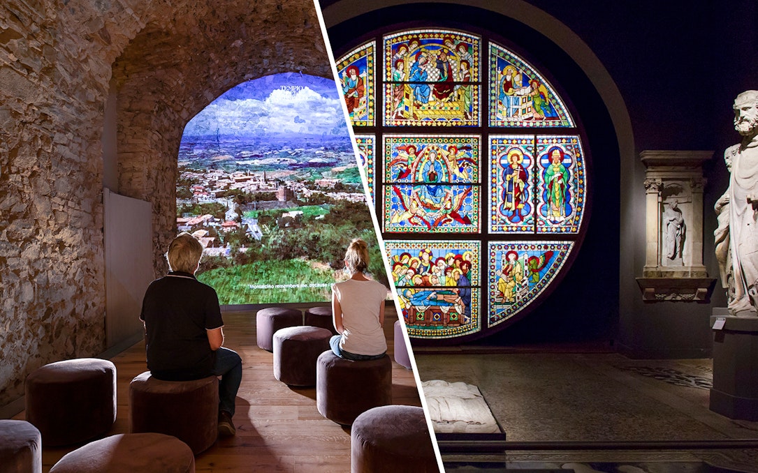 Visitors viewing Siena landscape and stained glass art in Val D'Orcia exhibit.