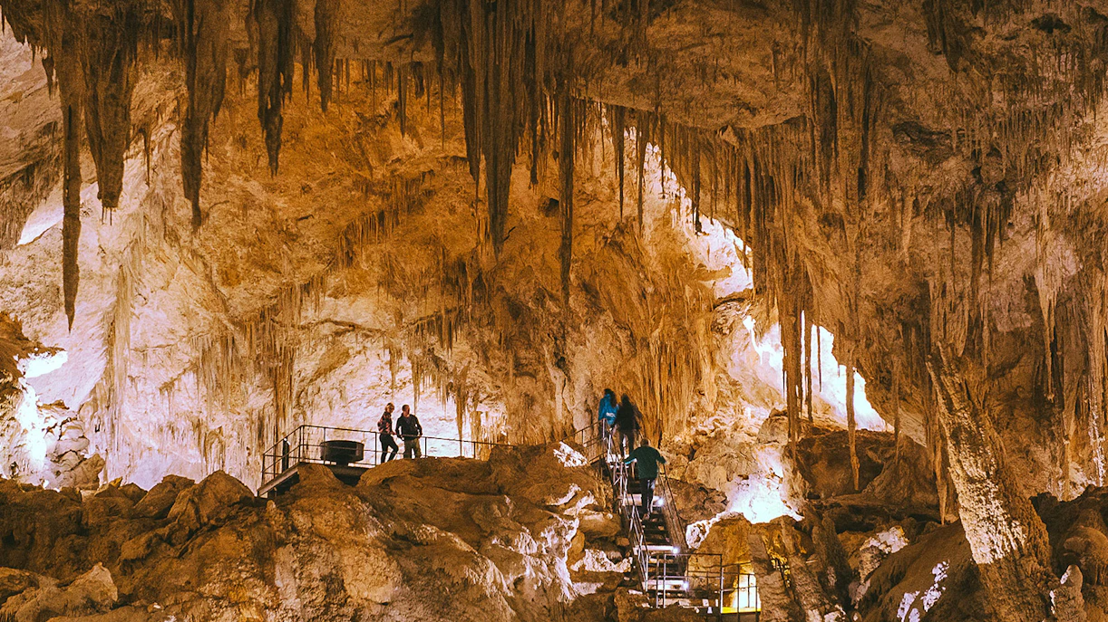 Visitors exploring stalactites in Mammoth Cave, Margaret River on a self-guided audio tour.