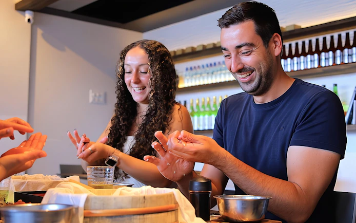 Couple enjoying sushi making class in Asakusa, Tokyo.