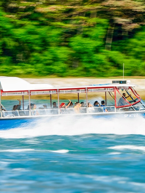 Speedboat with passengers cruising through water on Singapore Speedboat Adventure.
