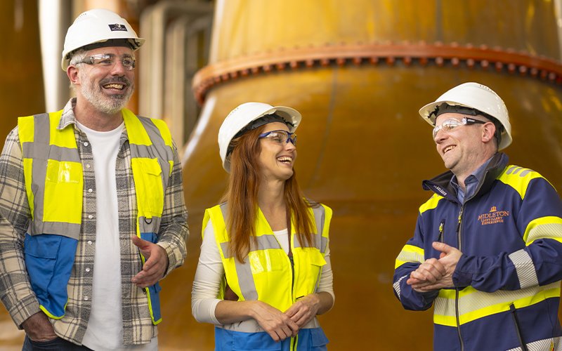 Guests and guide in safety gear at Midleton Distiller’s Apprentice Tour.