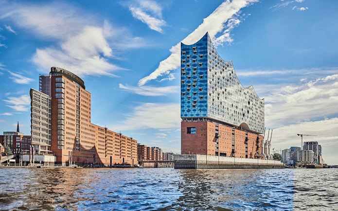 Elbphilharmonie and Speicherstadt buildings along Hamburg harbor.