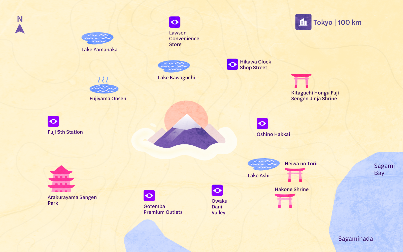 Map of Mount Fuji tour highlighting Fuji 5th Station, Lake Kawaguchi, and Arakurayama Sengen Park.
