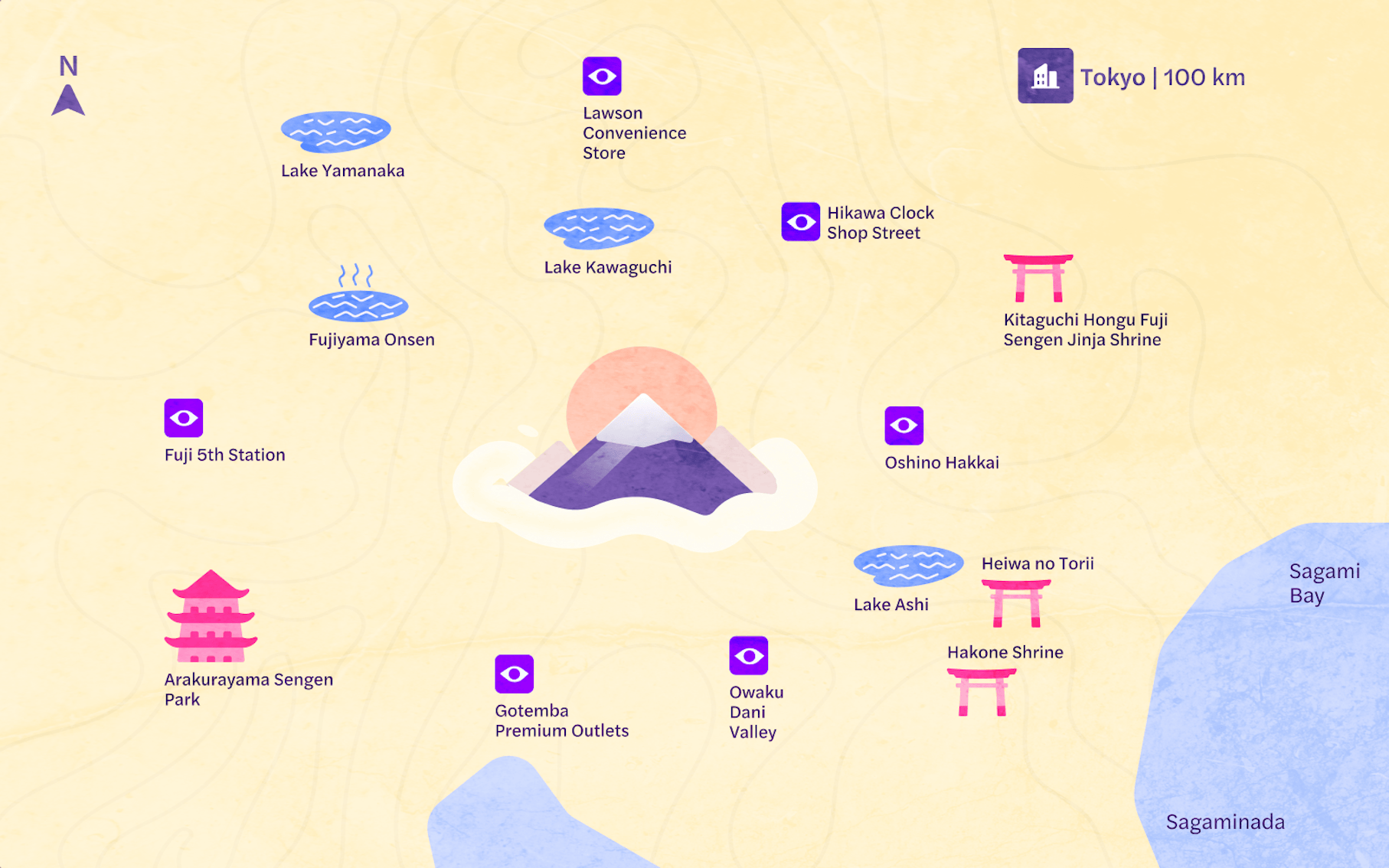 Map of Mount Fuji tour highlighting Fuji 5th Station, Lake Kawaguchi, and Arakurayama Sengen Park.