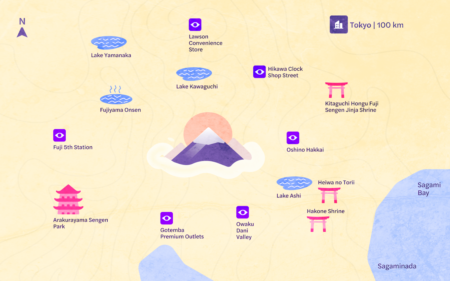 Map of Mount Fuji tour highlighting Fuji 5th Station, Lake Kawaguchi, and Arakurayama Sengen Park.