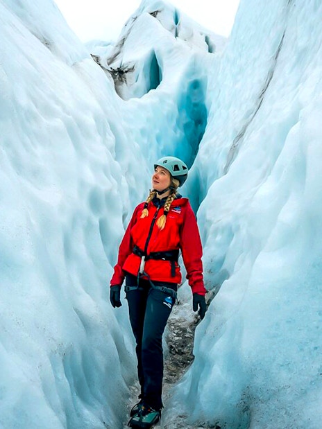 Guests exploring ice maze and glacier crevasses in Skaftafell, Iceland.
