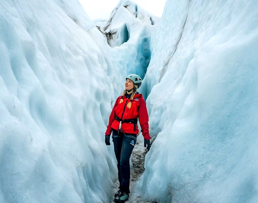 Guests exploring ice maze and glacier crevasses in Skaftafell, Iceland.