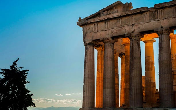 Acropolis Parthenon columns at sunset, Athens tour.