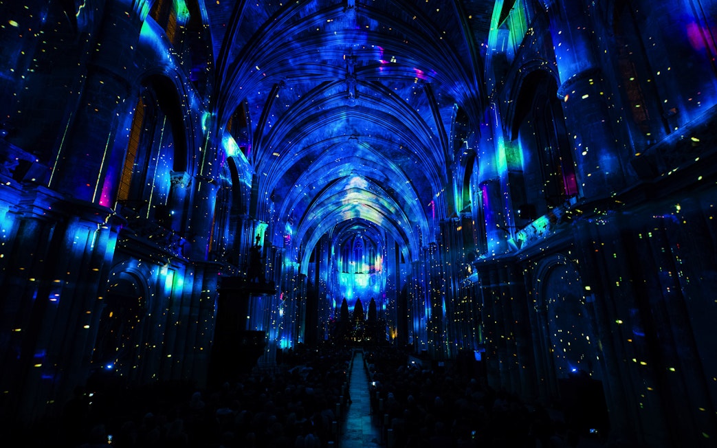 Manchester Cathedral interior illuminated during LUMINISCENCE 360° Immersive Show.