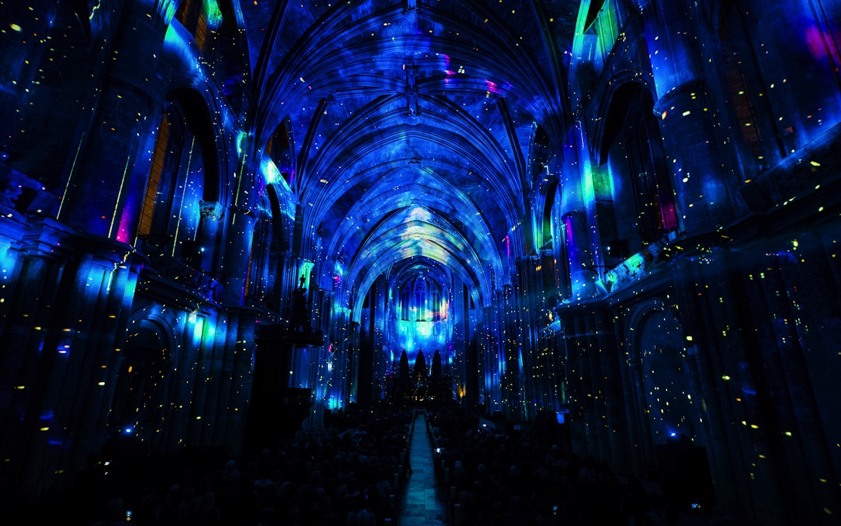 Manchester Cathedral interior illuminated during LUMINISCENCE 360° Immersive Show.