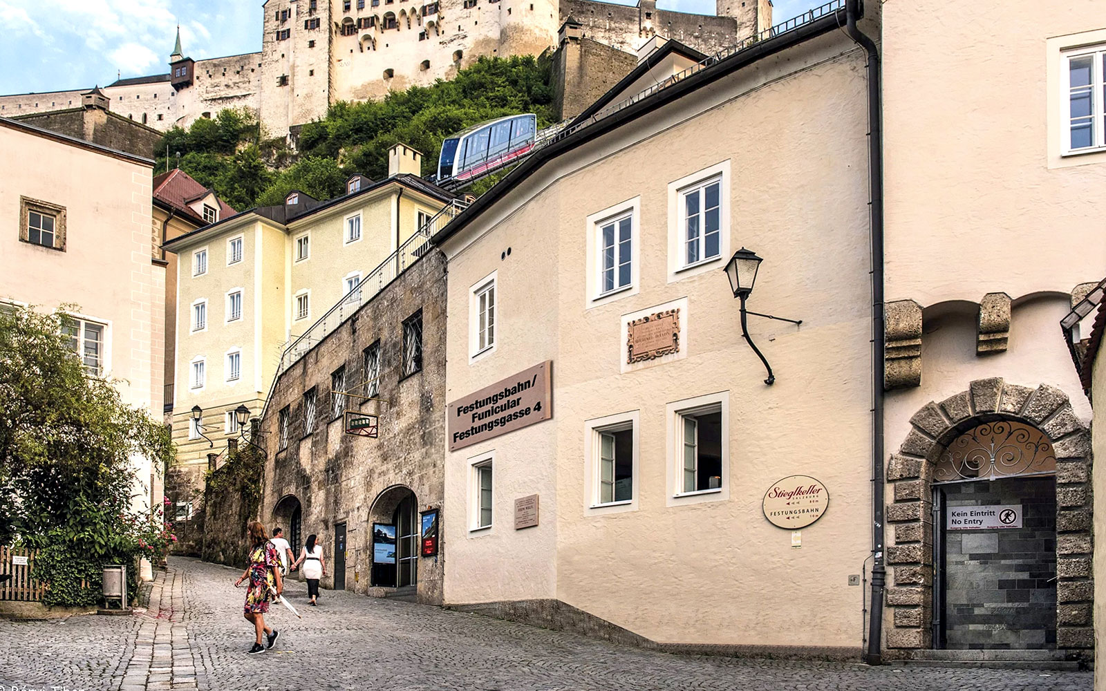 Fortress Hohensalzburg entrance with funicular railway in Salzburg, Austria.