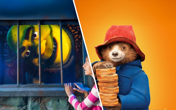 Characters from animated films, one behind bars and another holding sandwiches, promoting a combo tour.