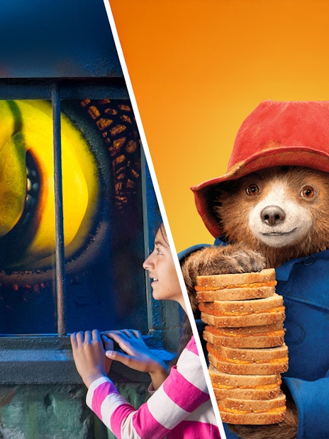 Characters from animated films, one behind bars and another holding sandwiches, promoting a combo tour.
