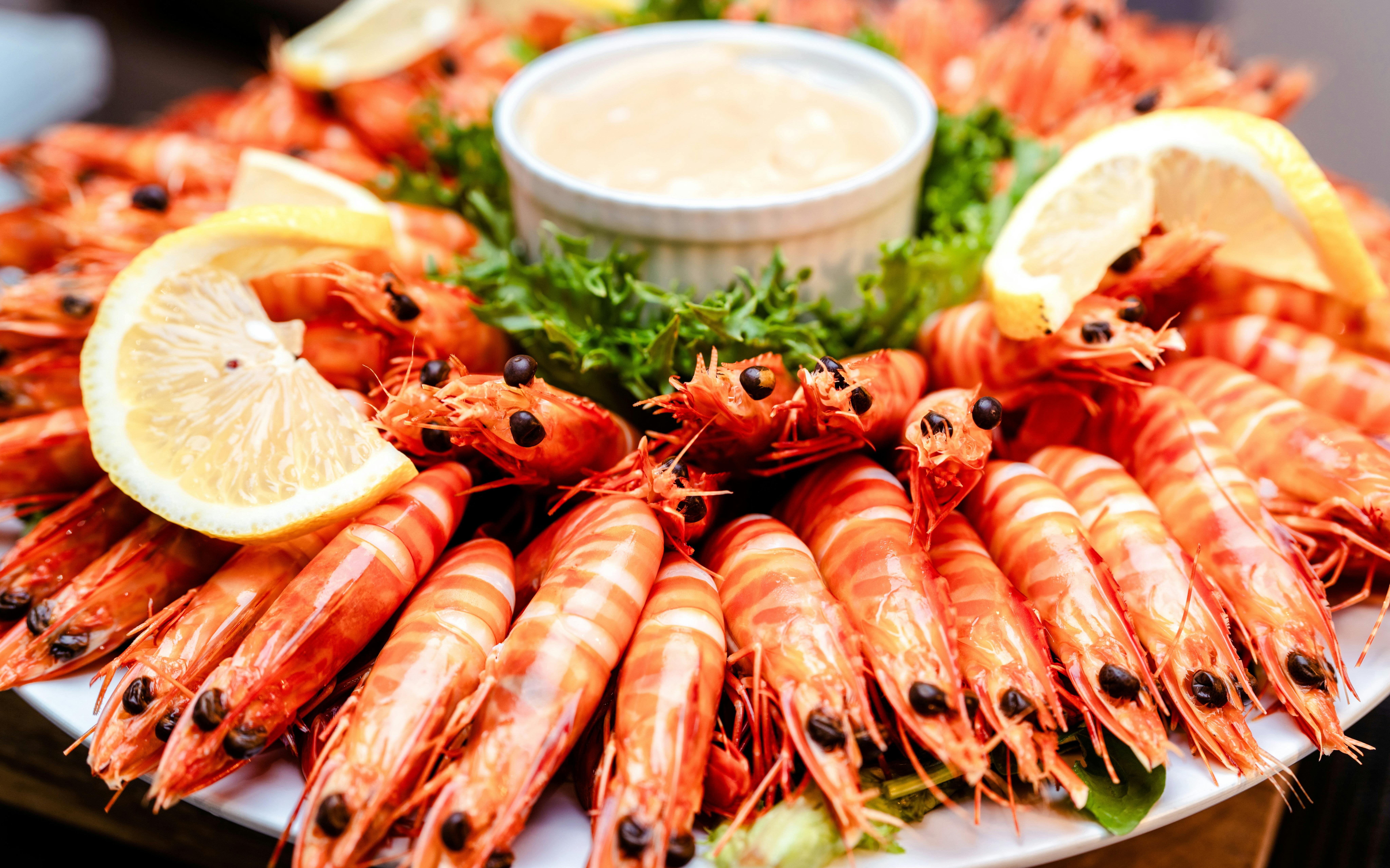 Prawns with lemon slices and sauce on Darwin Harbour Sunset Dinner Cruise.