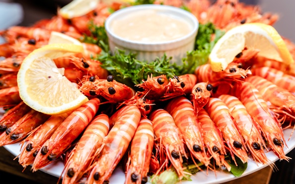 Prawns with lemon slices and sauce on Darwin Harbour Sunset Dinner Cruise.