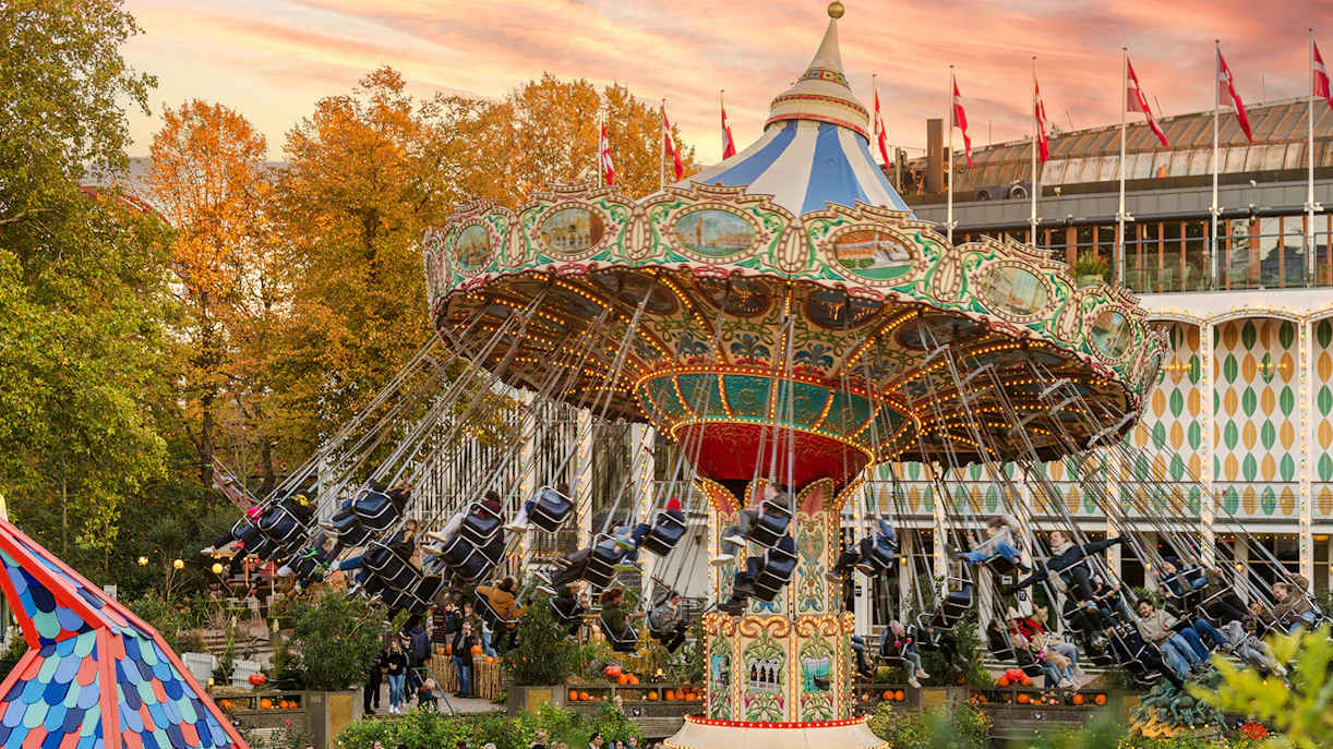 Guests on swing ride during Halloween at Tivoli Gardens, Copenhagen.