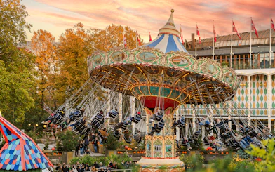 Guests on swing ride during Halloween at Tivoli Gardens, Copenhagen.