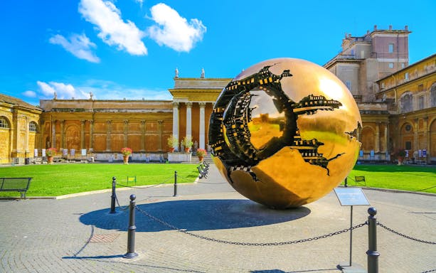 Vatican Museums courtyard with Arnaldo Pomodoro's Sphere sculpture, Rome.