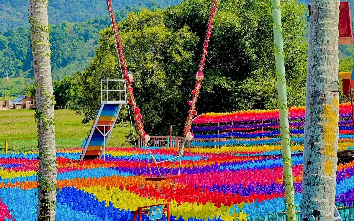 Colorful pinwheel field with swing at De Windmill Selfie Park.