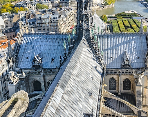 Notre-Dame Cathedral rooftop view, Paris, showcasing iconic architecture and cityscape.