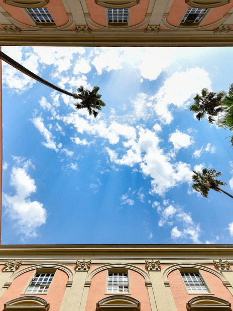 Courtyard view of Naples National Archaeological Museum with palm trees and blue sky.