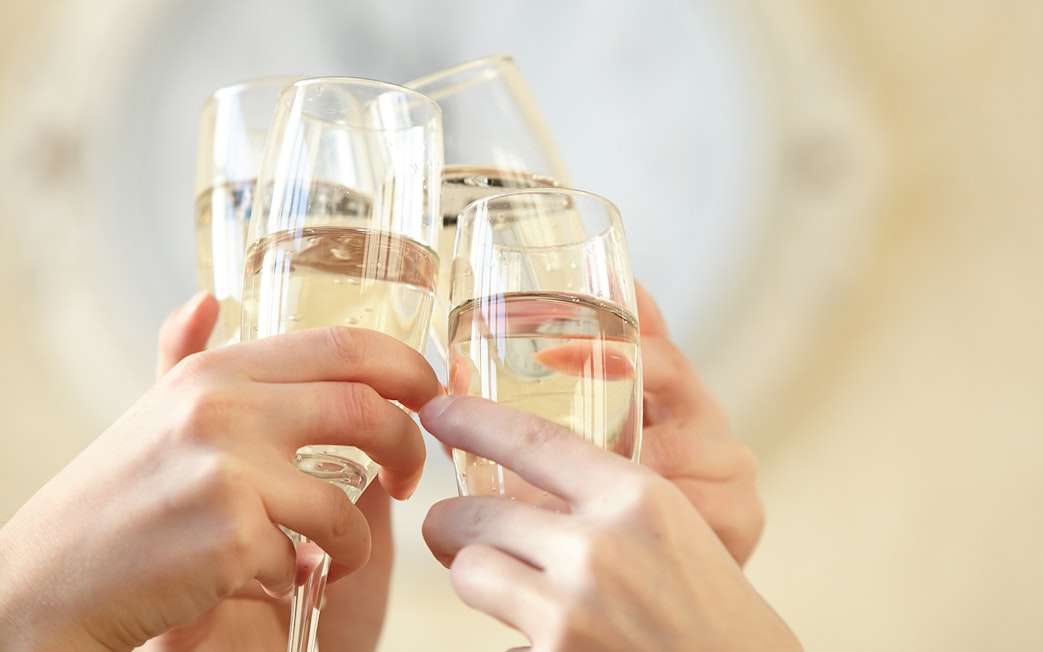 Guests toasting with champagne on Full Day Catamaran Cruise with Blue Cave visit.