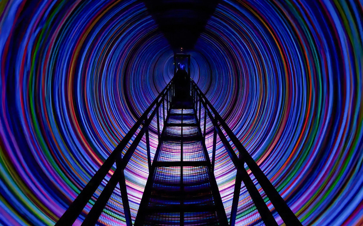 Colorful spinning tunnel at The Vortex, World Of Illusions.