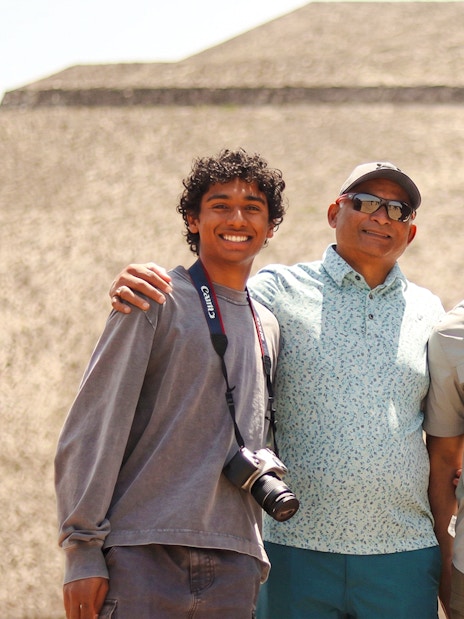 Group posing in front of Pyramid of the Sun, Teotihuacán tour from Mexico City.