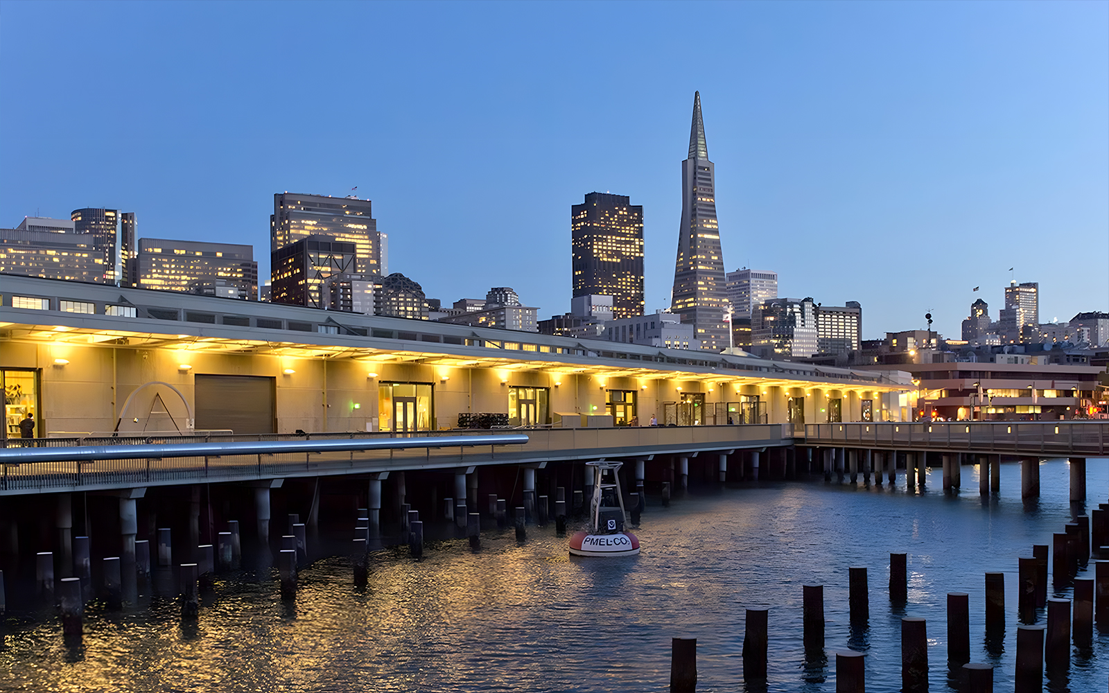 San Francisco waterfront with city skyline near the Exploratorium.