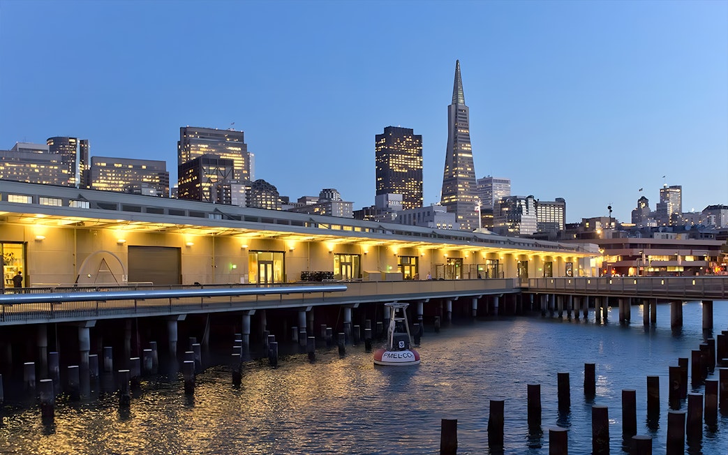 San Francisco waterfront with city skyline near the Exploratorium.