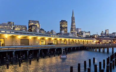 San Francisco waterfront with city skyline near the Exploratorium.