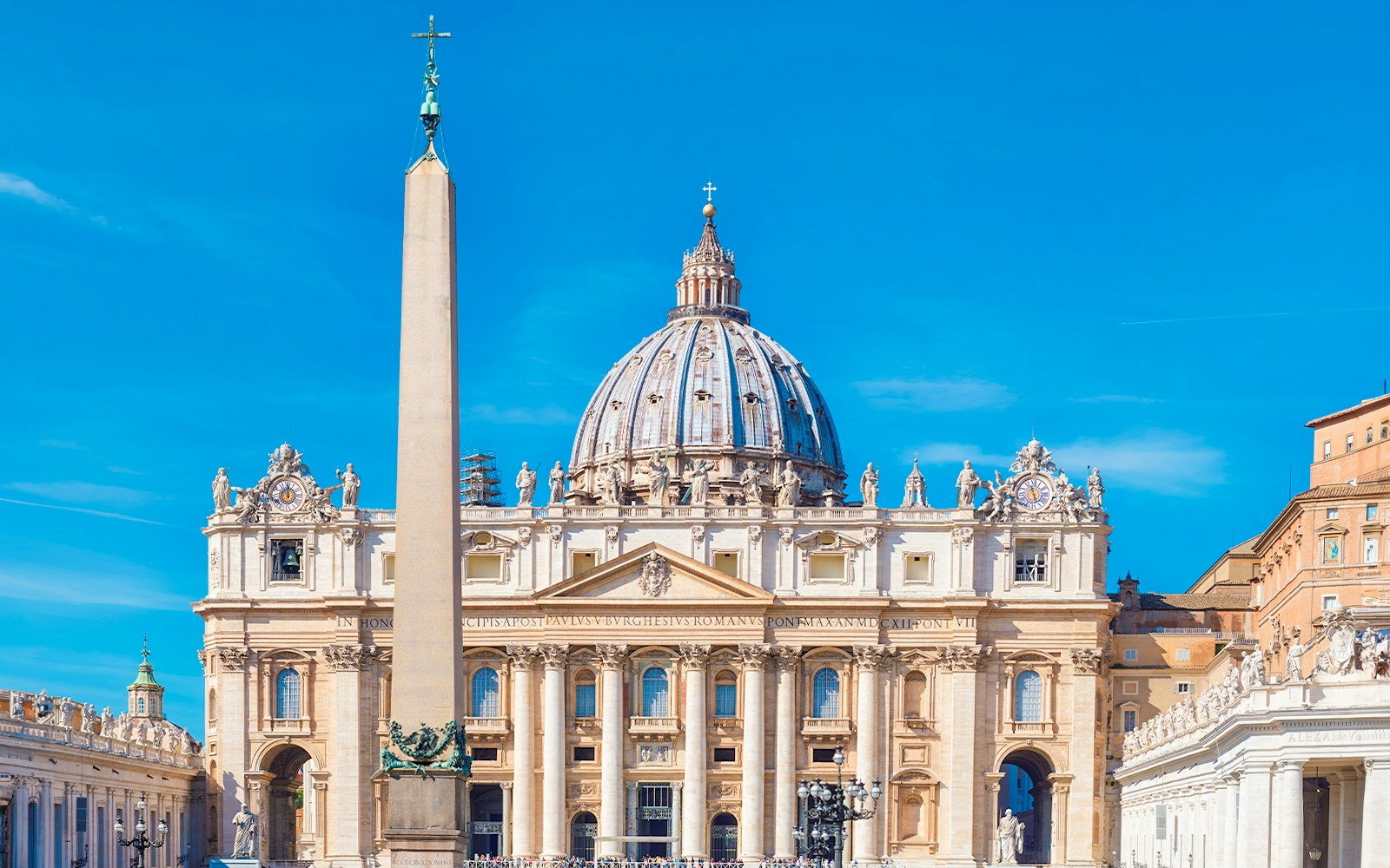 St. Peter’s Basilica facade and obelisk in Vatican City, Rome.