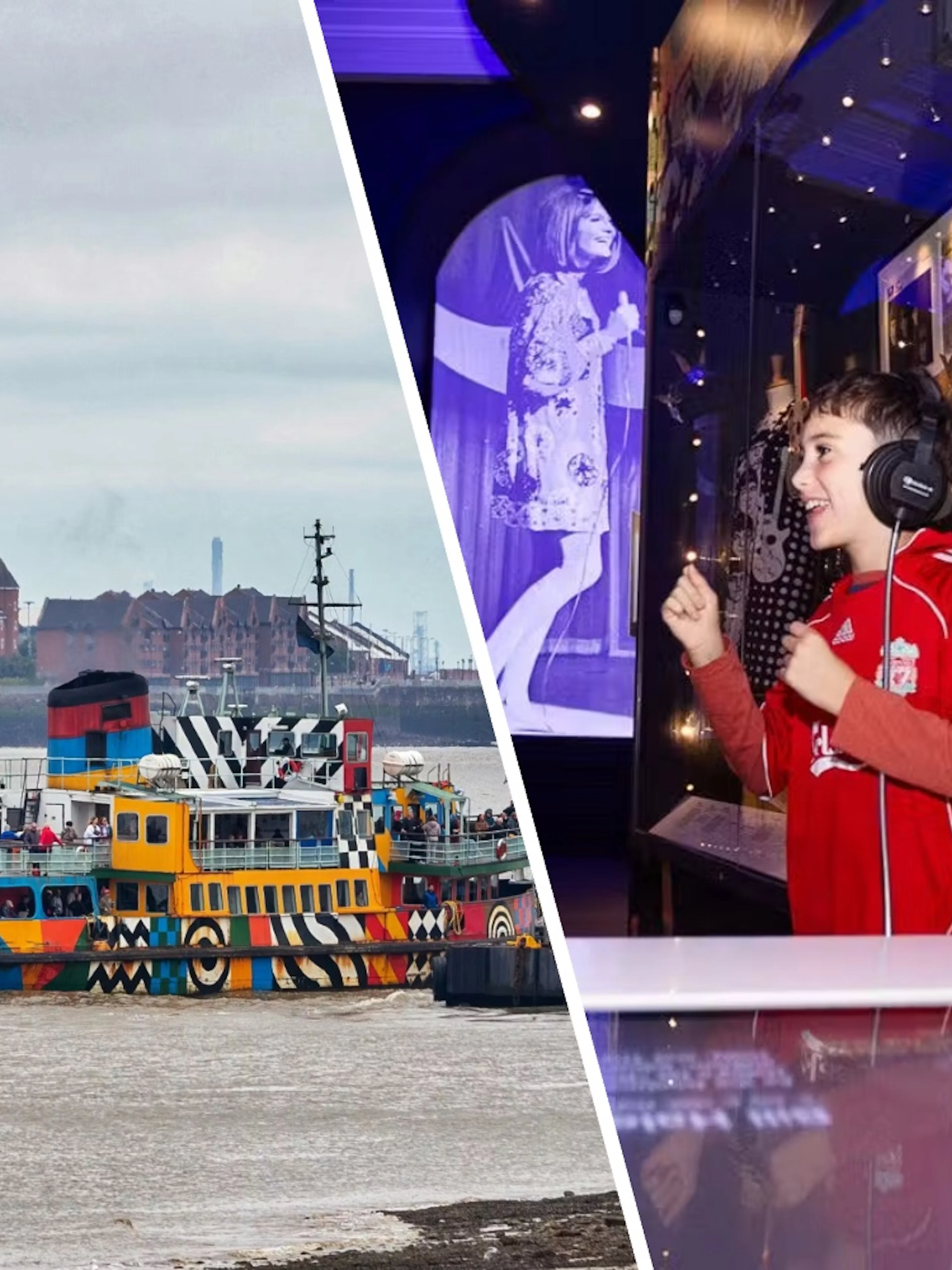 River Mersey ferry with colorful design and child enjoying British Music Experience exhibit.