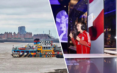River Mersey ferry with colorful design and child enjoying British Music Experience exhibit.
