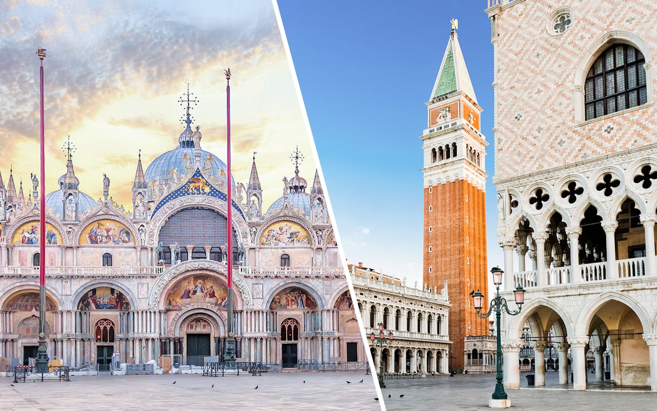 St. Mark’s Basilica and Bell Tower in Venice, Italy, showcasing architectural details.