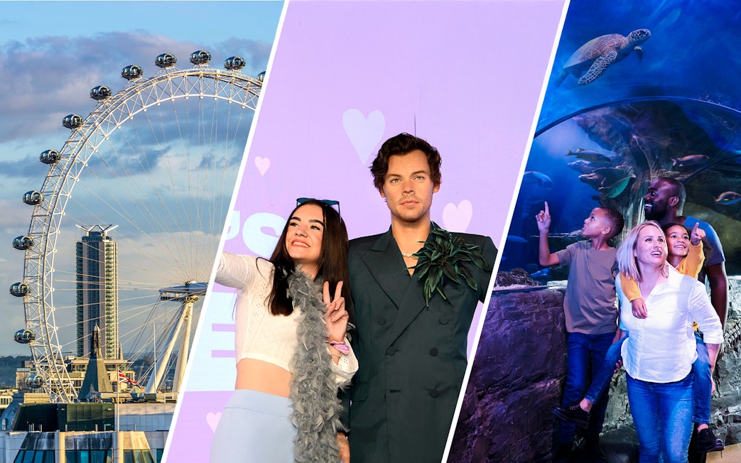 London Eye, Madame Tussauds wax figure, and family at SEA LIFE aquarium.