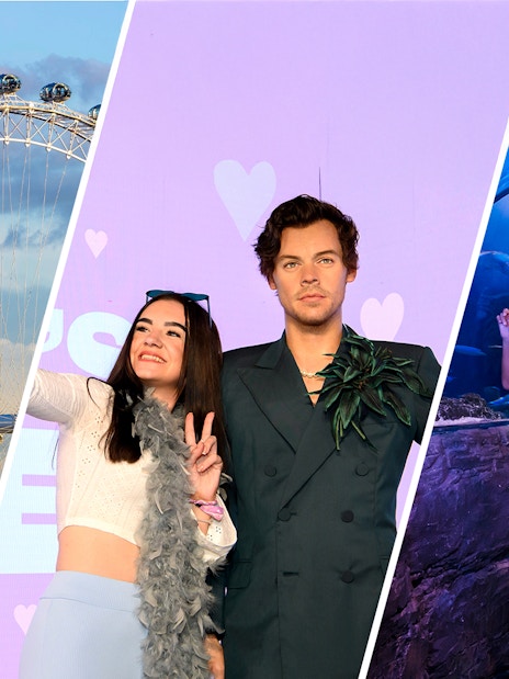 London Eye, Madame Tussauds wax figure, and family at SEA LIFE aquarium.