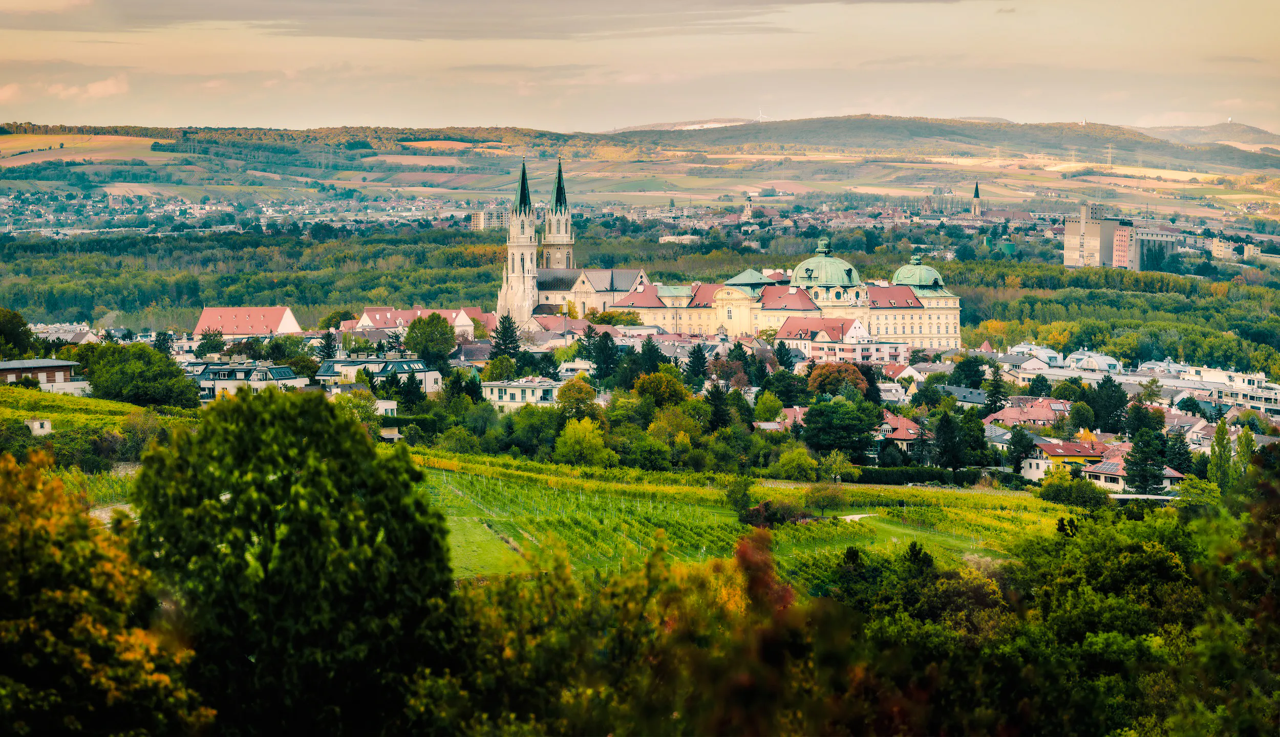 Klosterneuburg Abbey with vineyards and surrounding landscape, Vienna.