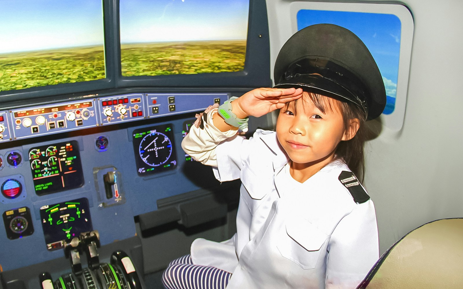 child role playing as pilot, interacting with flight simulator