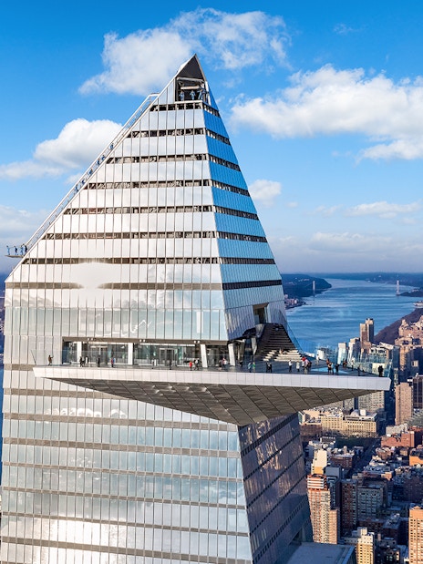 Edge observation deck overlooking New York City skyline and Hudson River.