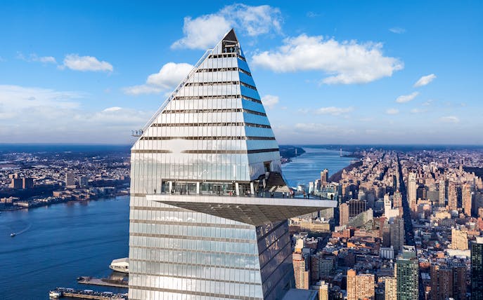 Edge observation deck overlooking New York City skyline and Hudson River.