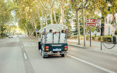 Eco-friendly electric tuk-tuk on a tree-lined street in Madrid, Spain.