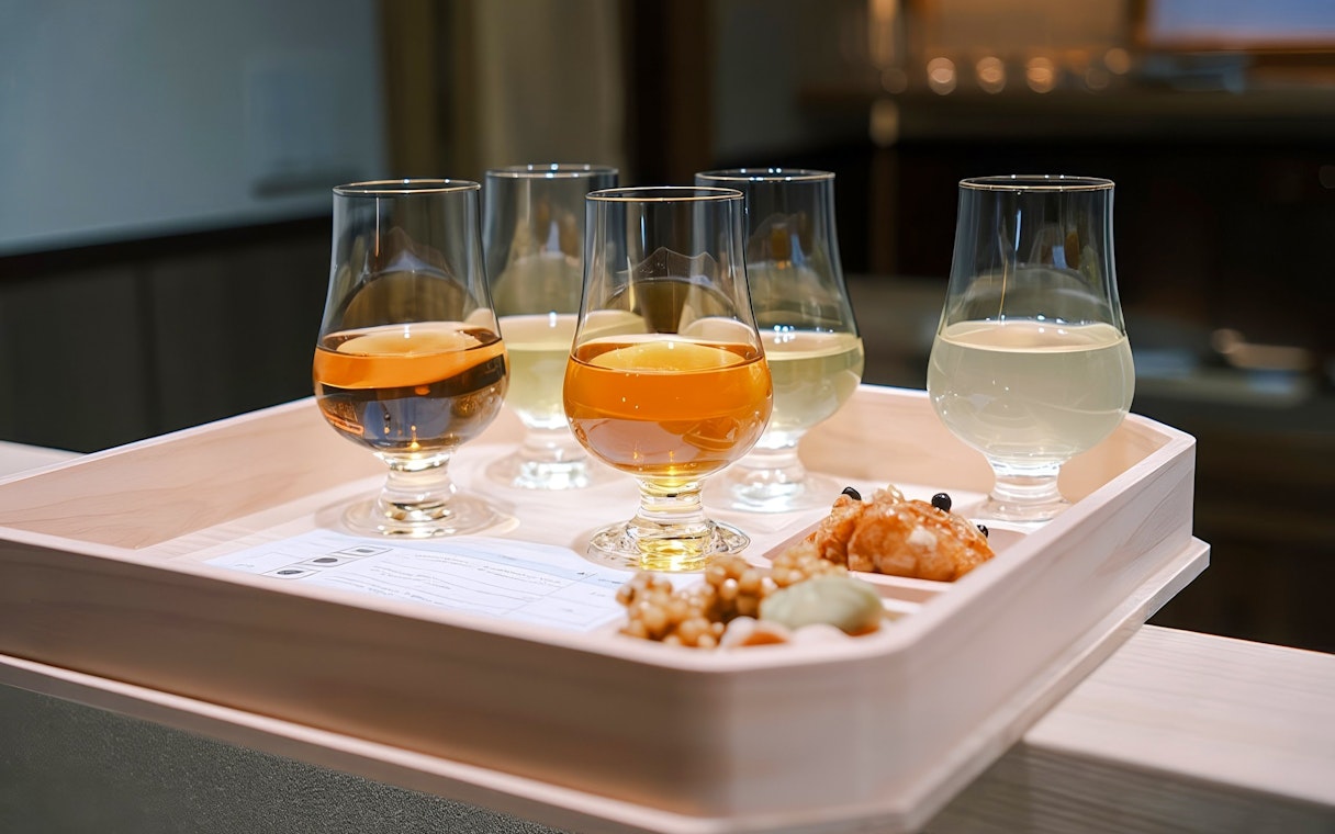 Glasses of assorted teas with wagashi at a private tea ceremony experience.