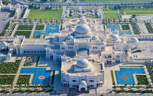 Aerial view of Qasr Al Watan palace in Abu Dhabi during a helicopter tour.