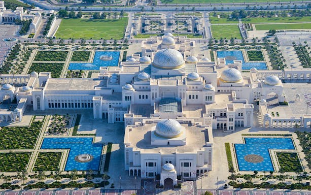 Aerial view of Qasr Al Watan palace in Abu Dhabi during a helicopter tour.