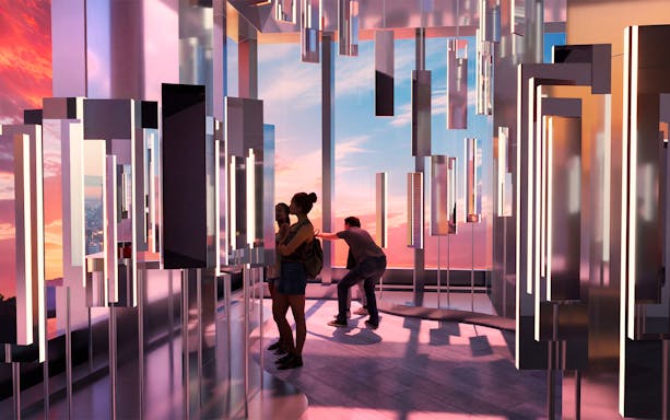 Interactive mirrors at Edge Experience SOFTlab Reflections, NYC with sunset view.
