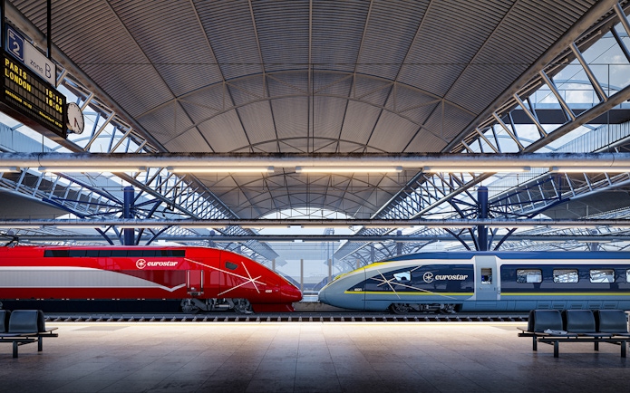 Eurostar trains at station under arched roof, Interrail Germany Mobile Pass.