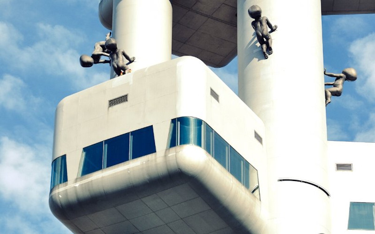 Zizkov TV Tower exterior with sculptures in Prague, Czech Republic.