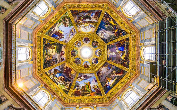 Medici Chapels ceiling frescoes in Florence, Italy, showcasing intricate artwork.
