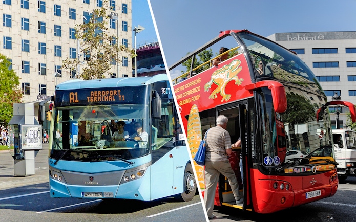 Aerobus to Barcelona airport and red city tour bus in Barcelona.